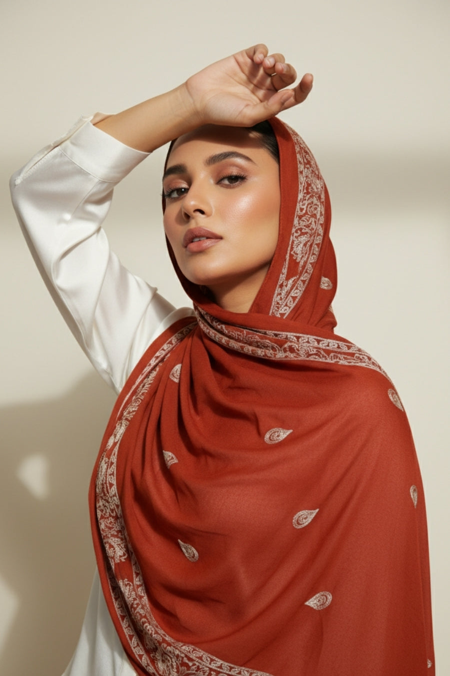 Stripe Embroidery Lawn Hijab - Rust