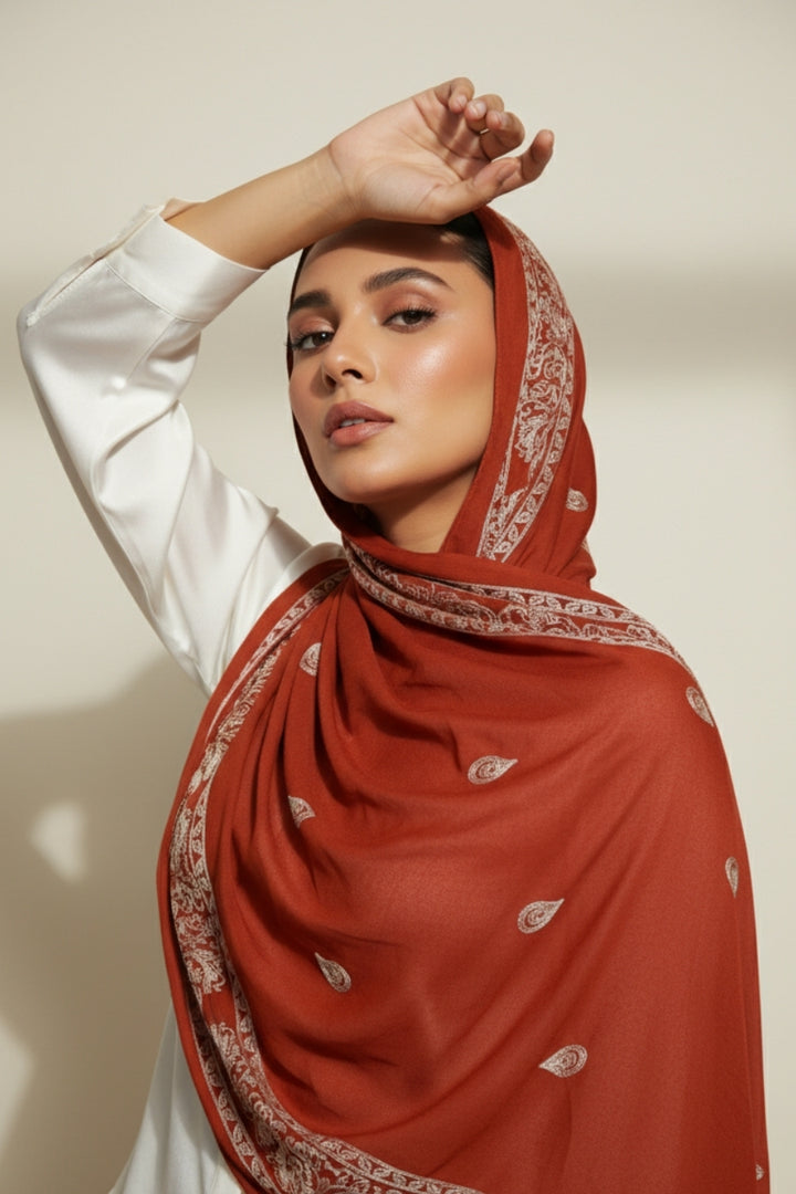 Stripe Embroidery Lawn Hijab - Rust