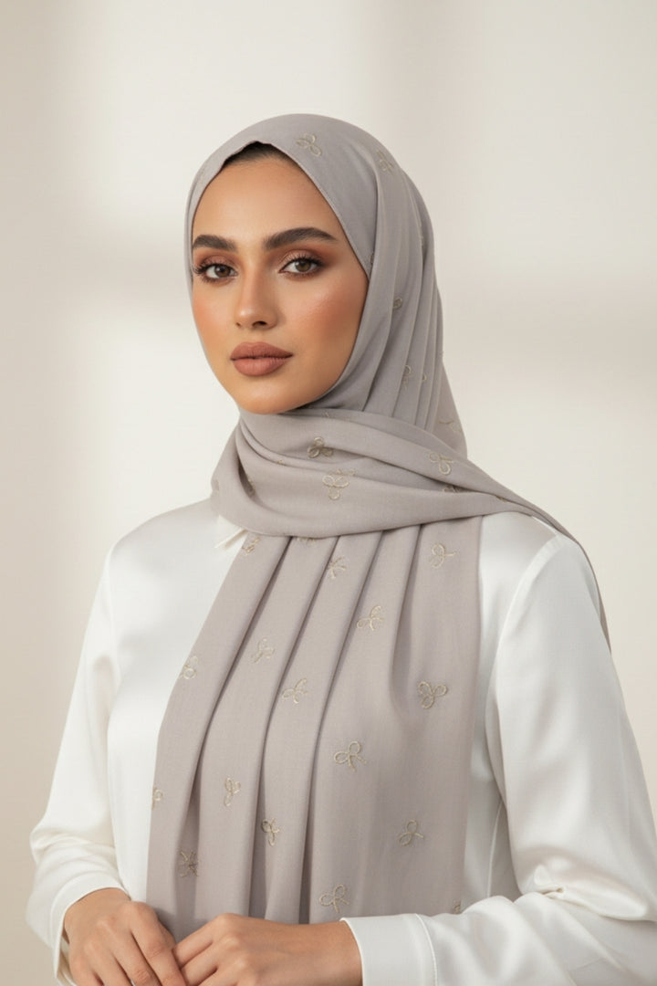 Bow Embroidery Lawn Hijab - Silver