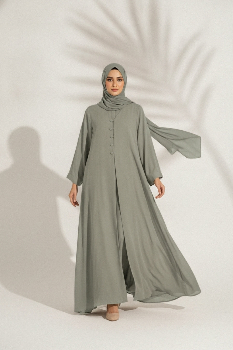 Sage Button-Front Abaya