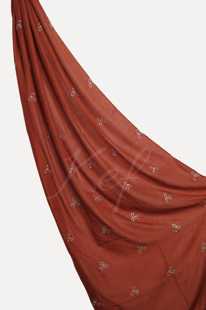 Bow Embroidery Lawn Hijab - Tan