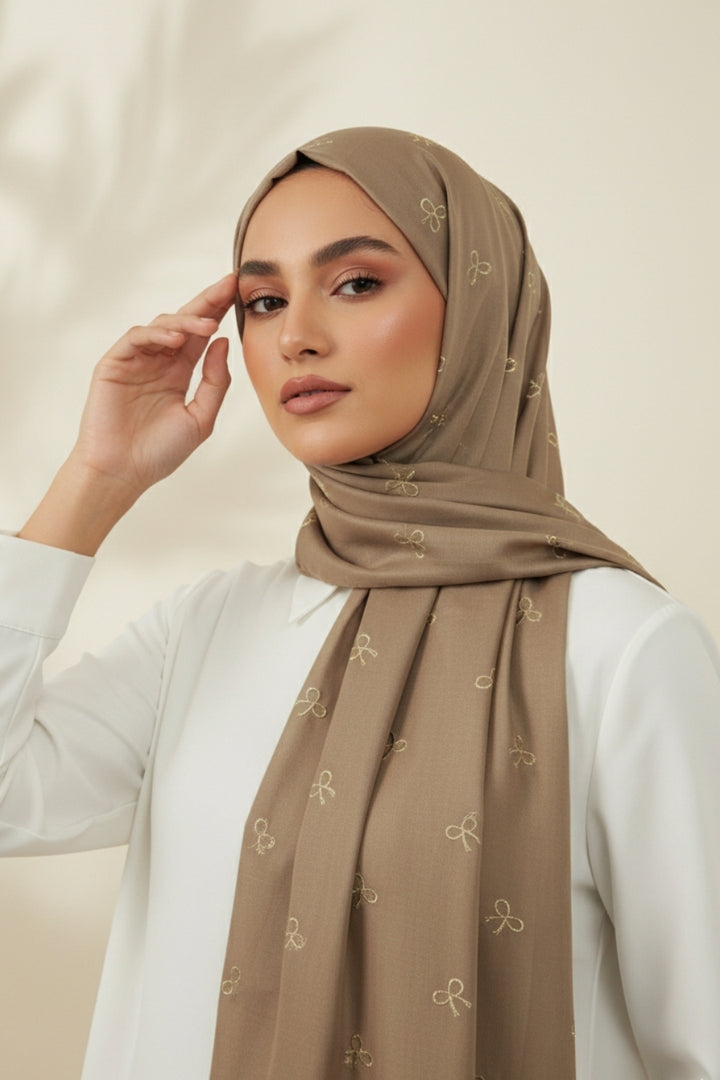 Bow Embroidery Lawn Hijab - Taupe