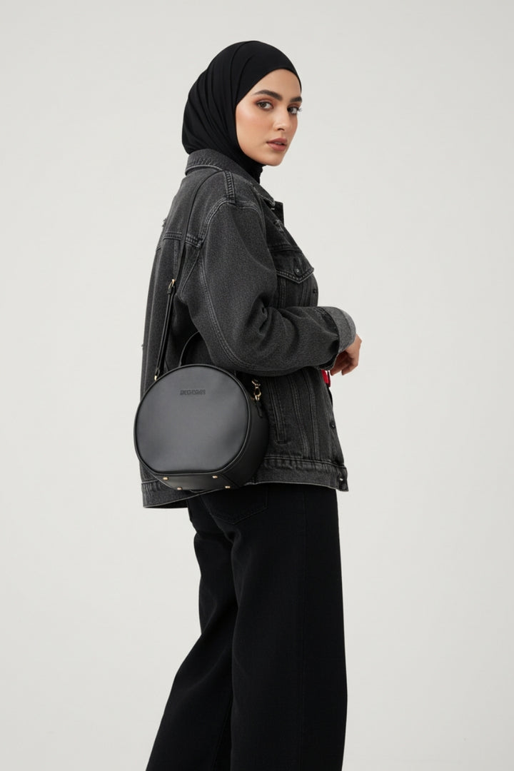 Round Leather Black Bag