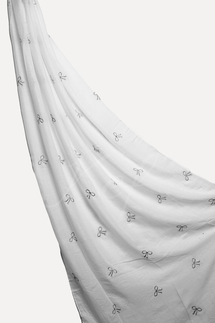 Bow Embroidery Lawn Hijab - White