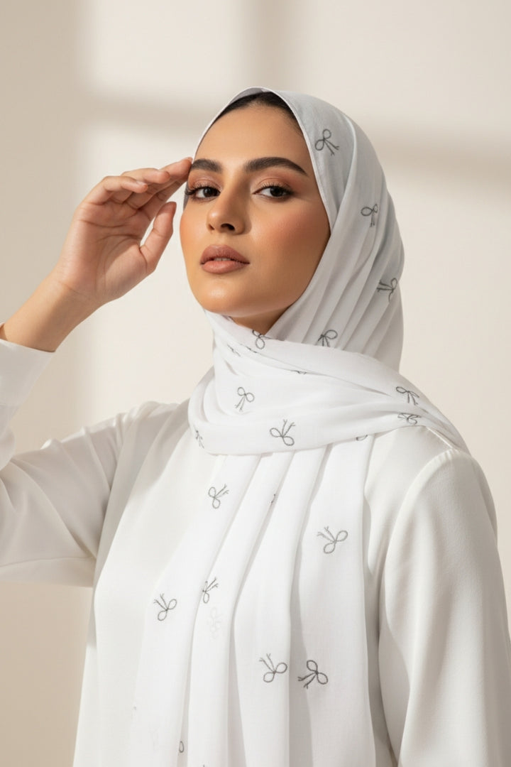 Bow Embroidery Lawn Hijab - White