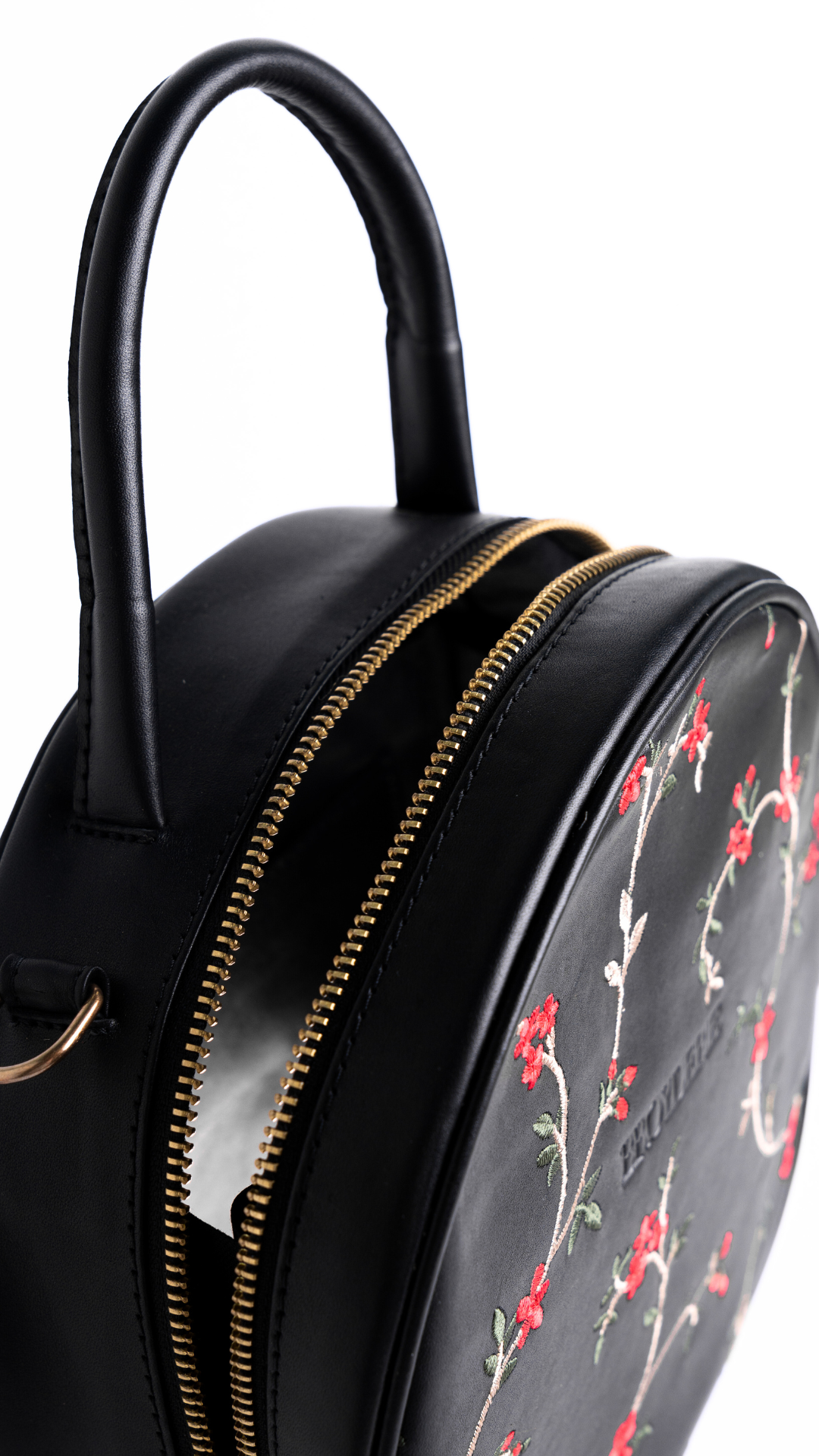 Round Leather Embroidered Black Bag
