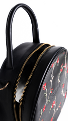 Round Leather Embroidered Black Bag
