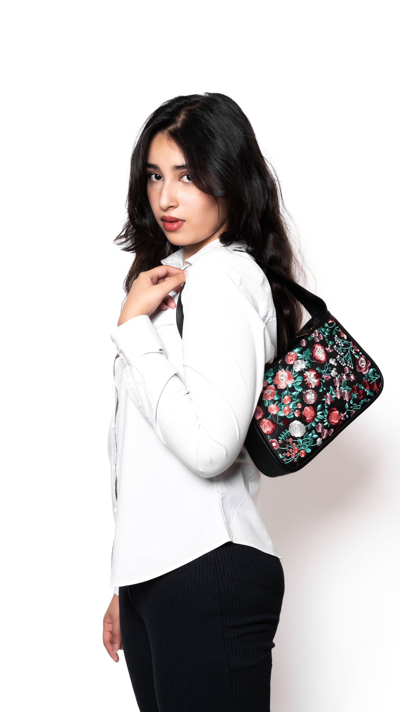 Small Leather Embroidered Black Shoulder Bag