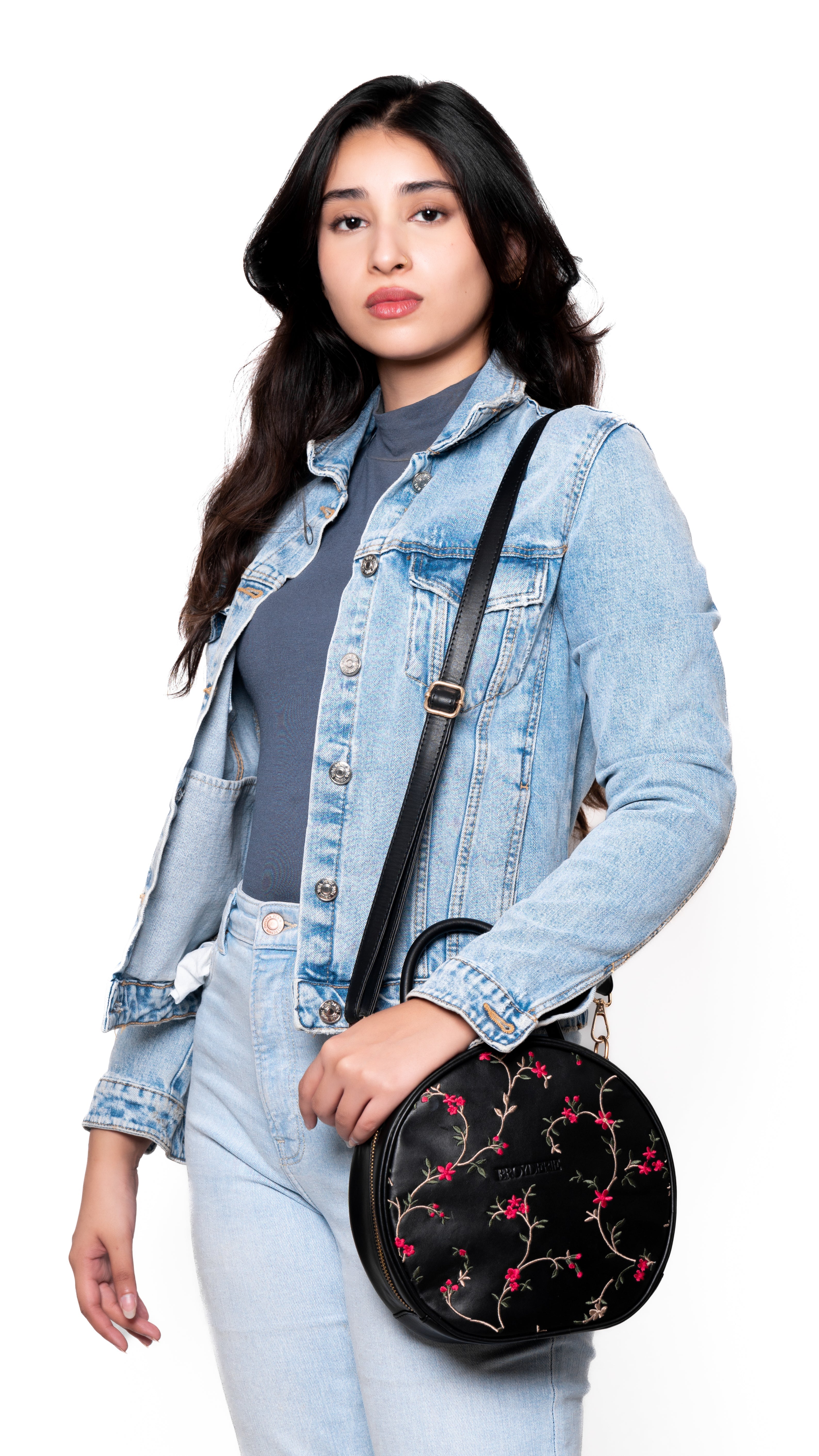 Round Leather Embroidered Black Bag